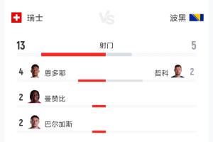 瑞士4-1波黑全场数据:射门13-5 射正7-3 控球率62%-38%